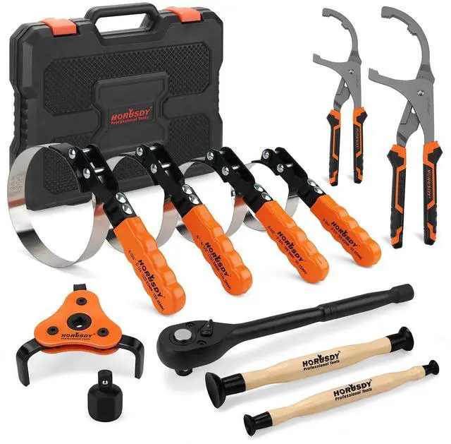 Main image of 11-Piece Oil Filter Wrench Set with Storage Case - Swivel Wrenches Fit 2-3/4" to 5-1/4", Adjustable Filter Pliers (9" & 12"), Valve Lapper Set, 3-Jaw Socket, Ratchet Handle for Garage, Roadside Repair