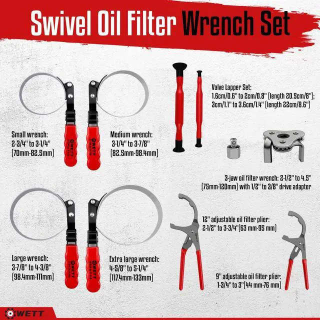 Alt view image 2 of 5 - Swivel Oil Filter Wrench Set, 9-Piece Standard Oil Filter Removal Tool, with Adjustable Oil Filter Plier and Valve Lapper, Stainless Steel Remover Pliers (2-3/4" to 5-1/4")