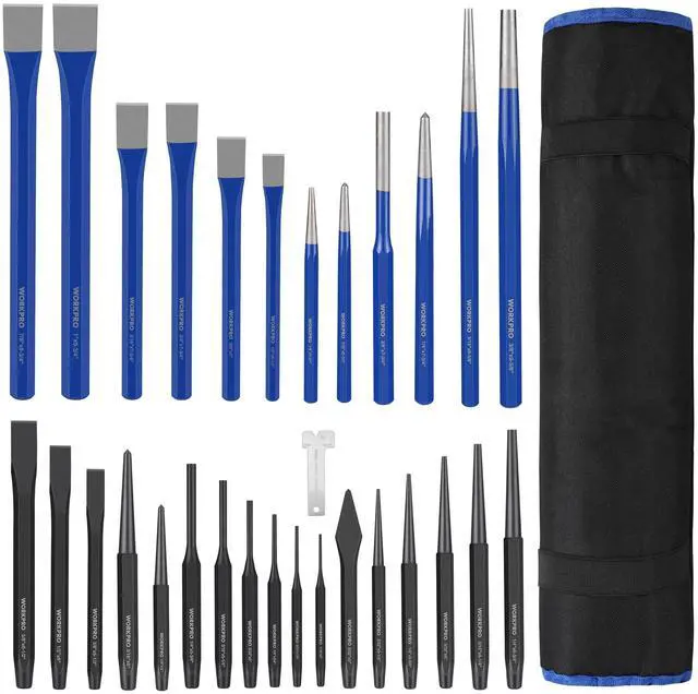 Main image of 30 PCS Heavy Duty Punch and Chisel Set with Roll Pouch, Cold & Cape Chisel, Center, Pin & Taper Punch, and Gauge, Blackened and Painted Finish for Durability