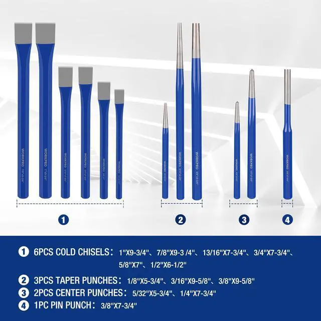 Alt view image 2 of 6 - 30 PCS Heavy Duty Punch and Chisel Set with Roll Pouch, Cold & Cape Chisel, Center, Pin & Taper Punch, and Gauge, Blackened and Painted Finish for Durability