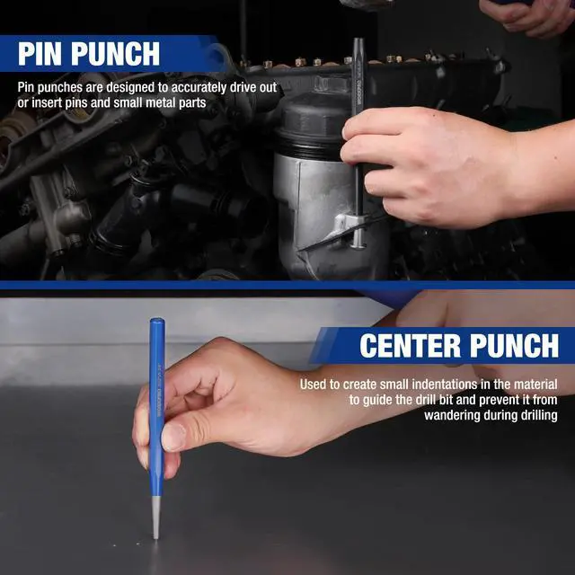 Alt view image 4 of 6 - 30 PCS Heavy Duty Punch and Chisel Set with Roll Pouch, Cold & Cape Chisel, Center, Pin & Taper Punch, and Gauge, Blackened and Painted Finish for Durability