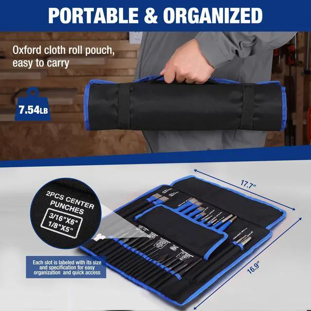 Alt view image 6 of 6 - 30 PCS Heavy Duty Punch and Chisel Set with Roll Pouch, Cold & Cape Chisel, Center, Pin & Taper Punch, and Gauge, Blackened and Painted Finish for Durability