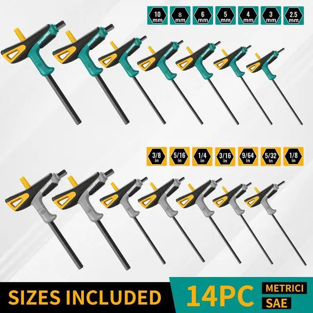 Alt view image 2 of 5 - 14-Piece T-Handle Allen Wrenches Sets, Long Arm Allen Key Set, Metric & SAE Hex Key Set with Storage Rack, Portable Allen Wrench Set for Basic Home Repair and Mechanics Maintenance