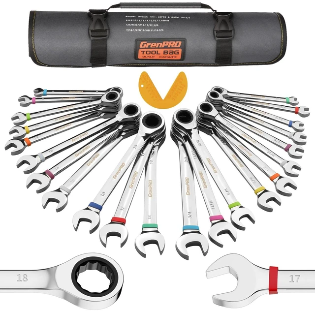 Main image of 23PC Ratcheting Combination Wrench Set SAE Metric Mechanic Tools 1/4"-3/4"&6-18MM with Bolt Gauge, CR-V Steel 72-Tooth 5-Degree Swing 12Pt, Color Rings, Roll Pouch for Auto & Home Repair