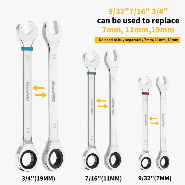 Alt view image 5 of 7 - 23PC Ratcheting Combination Wrench Set SAE Metric Mechanic Tools 1/4"-3/4"&6-18MM with Bolt Gauge, CR-V Steel 72-Tooth 5-Degree Swing 12Pt, Color Rings, Roll Pouch for Auto & Home Repair