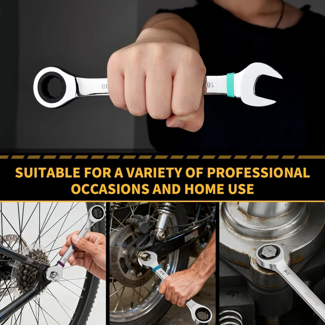 Alt view image 6 of 7 - 23PC Ratcheting Combination Wrench Set SAE Metric Mechanic Tools 1/4"-3/4"&6-18MM with Bolt Gauge, CR-V Steel 72-Tooth 5-Degree Swing 12Pt, Color Rings, Roll Pouch for Auto & Home Repair