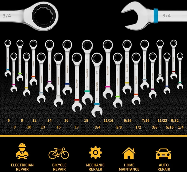 Alt view image 7 of 7 - 23PC Ratcheting Combination Wrench Set SAE Metric Mechanic Tools 1/4"-3/4"&6-18MM with Bolt Gauge, CR-V Steel 72-Tooth 5-Degree Swing 12Pt, Color Rings, Roll Pouch for Auto & Home Repair