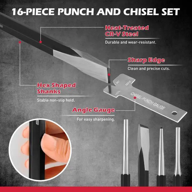 Alt view image 4 of 6 - 25-Piece Punch and Chisel Set with Roll Pin Punches, Includes Taper, Pin, Center Punches & Cold Chisels for Metalworking, Automotive, and Craft Use