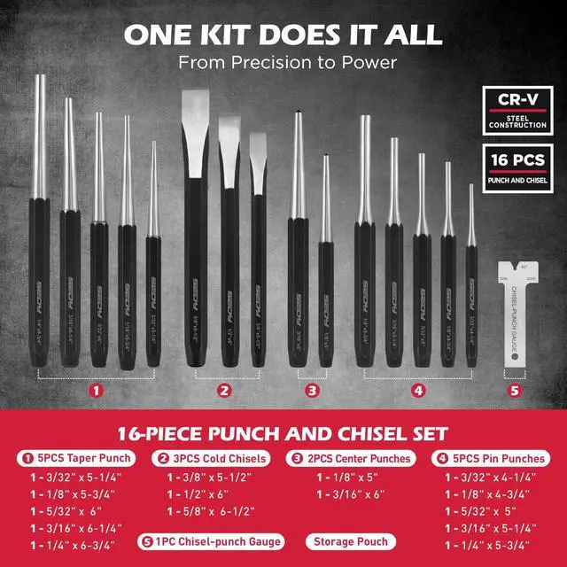 Alt view image 2 of 6 - 25-Piece Punch and Chisel Set with Roll Pin Punches, Includes Taper, Pin, Center Punches & Cold Chisels for Metalworking, Automotive, and Craft Use