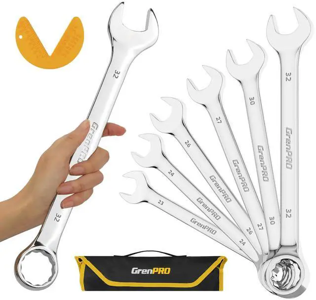 Main image of Metric Wrench Set, Large Wrench Set Metric and Standard, 7PC 23mm, 24mm, 26mm, 27mm, 30mm, 32mm Long Big Open End Wrench Tool Set Roll Up Pouch Organizer with Gauge, Combination Wrenches Sets