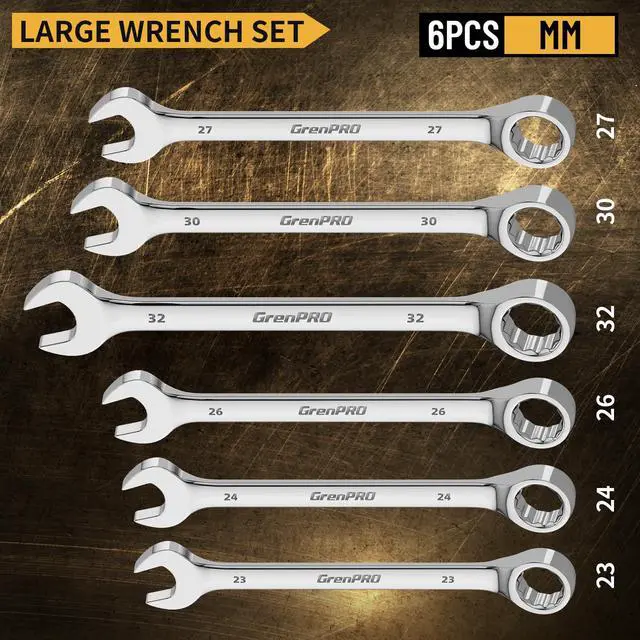 Alt view image 2 of 7 - Metric Wrench Set, Large Wrench Set Metric and Standard, 7PC 23mm, 24mm, 26mm, 27mm, 30mm, 32mm Long Big Open End Wrench Tool Set Roll Up Pouch Organizer with Gauge, Combination Wrenches Sets