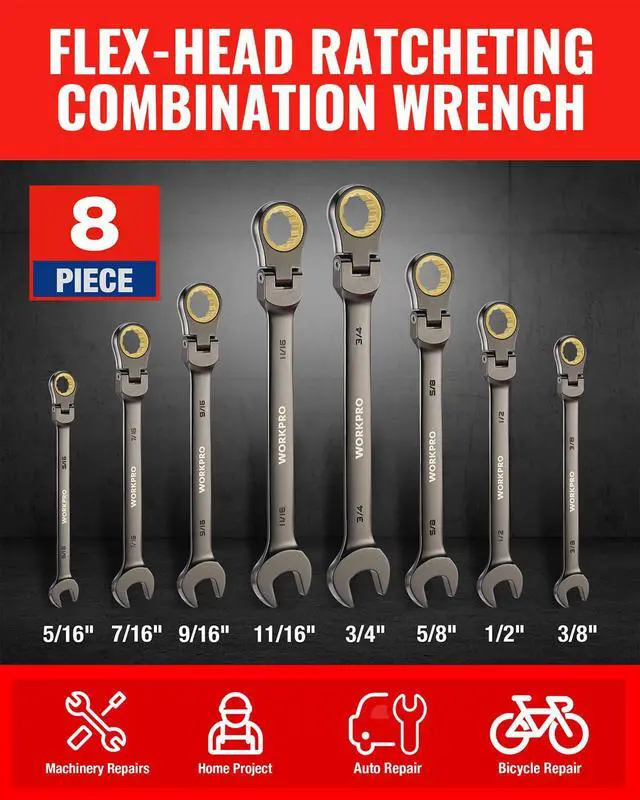 Alt view image 2 of 7 - 8-piece Flex-Head Ratcheting Combination Wrench Set, SAE 5/16-3/4 in, 72-Teeth, CR-V Constructed, Nickel Plating with Organizer Bag