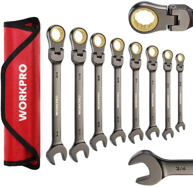 Main image of 8-piece Flex-Head Ratcheting Combination Wrench Set, SAE 5/16-3/4 in, 72-Teeth, CR-V Constructed, Nickel Plating with Organizer Bag