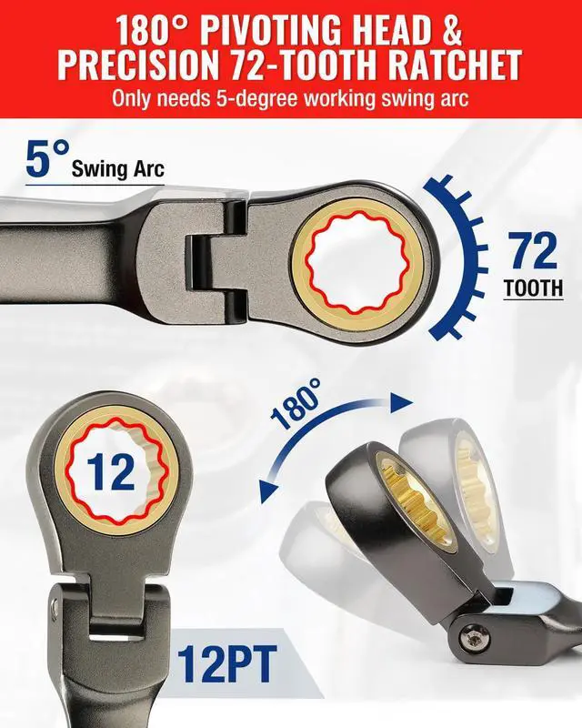 Alt view image 3 of 7 - 8-piece Flex-Head Ratcheting Combination Wrench Set, SAE 5/16-3/4 in, 72-Teeth, CR-V Constructed, Nickel Plating with Organizer Bag