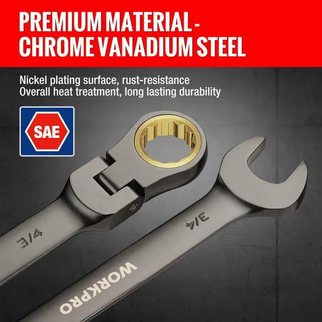 Alt view image 4 of 7 - 8-piece Flex-Head Ratcheting Combination Wrench Set, SAE 5/16-3/4 in, 72-Teeth, CR-V Constructed, Nickel Plating with Organizer Bag