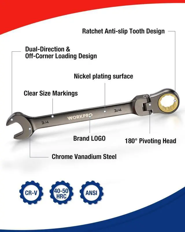 Alt view image 7 of 7 - 8-piece Flex-Head Ratcheting Combination Wrench Set, SAE 5/16-3/4 in, 72-Teeth, CR-V Constructed, Nickel Plating with Organizer Bag