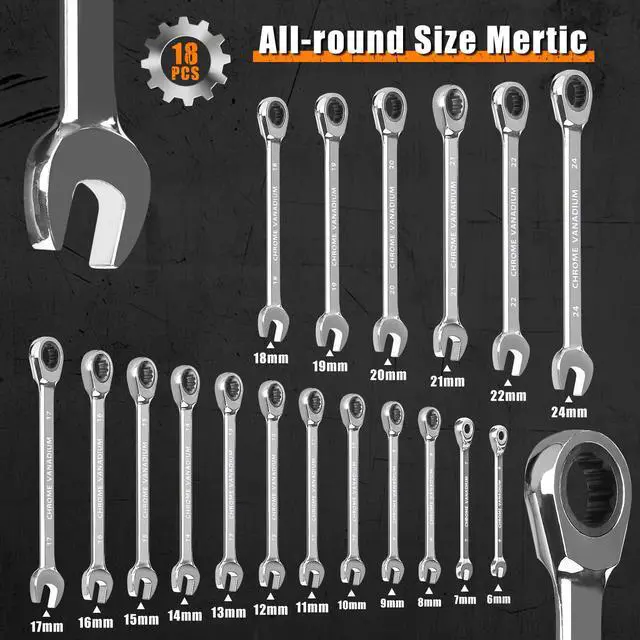 Alt view image 2 of 7 - Ratcheting Wrench Set, 6 mm - 24 mm Metric Wrench Set 18pc, 72 Teeth Combination Wrenches Set, Chrome Vanadium Steel with a Roll Up Storage Bag