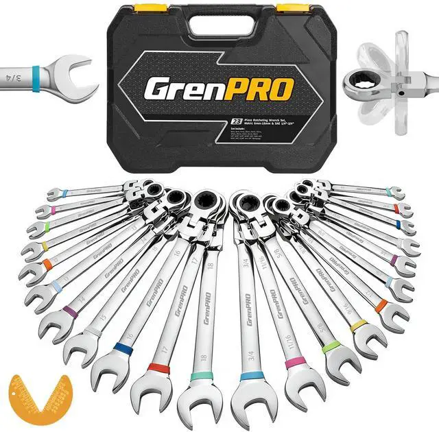 Main image of 23PCS Flex-Head Ratcheting Wrench Set, Combination Ratchet Wrenches Set Metric and Standard & SAE with Organizer Box, 6-18mm & 1/4" to 3/4" with Color Ring, CRV Socket Mechanic Tools Sets