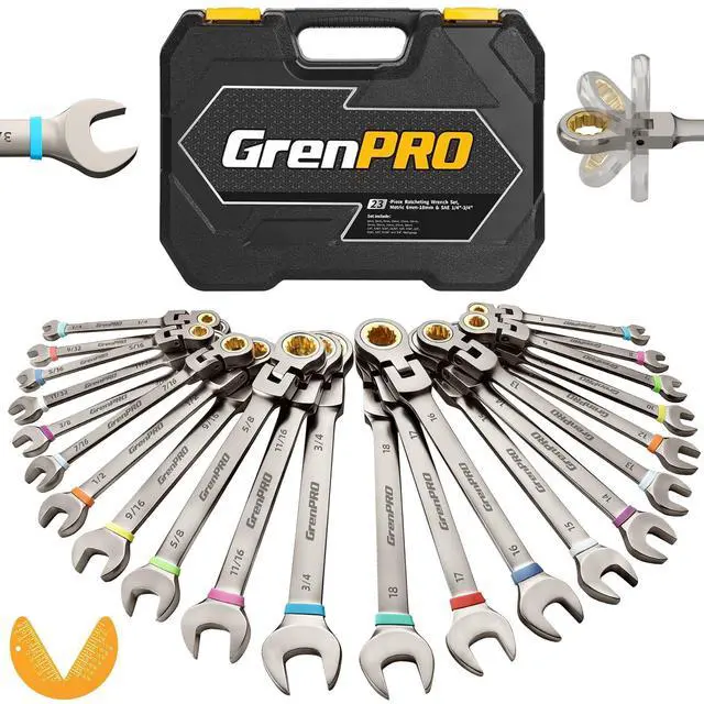 Main image of 23PCS Flex-Head Ratcheting Wrench Set, Combination Ratchet Wrenches Set Metric and Standard & SAE with Organizer Box, 6-18mm & 1/4" to 3/4" with Color Ring, Nickel Plating Socket Mechanic Tool