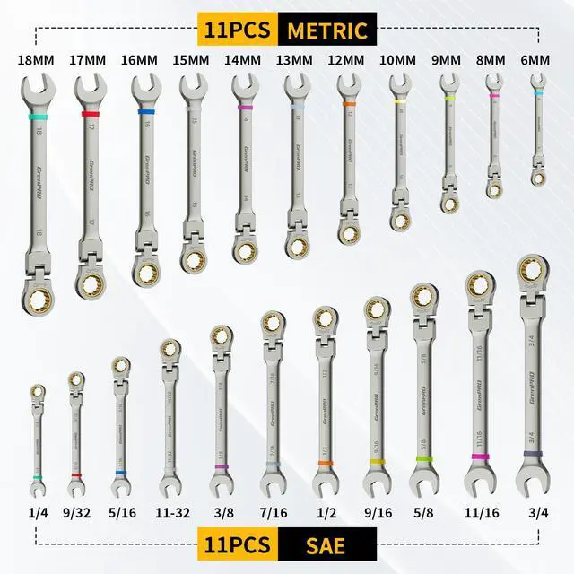 Alt view image 2 of 5 - 23PCS Flex-Head Ratcheting Wrench Set, Combination Ratchet Wrenches Set Metric and Standard & SAE with Organizer Box, 6-18mm & 1/4" to 3/4" with Color Ring, Nickel Plating Socket Mechanic Tool