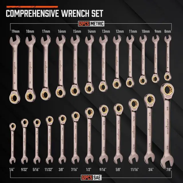 Alt view image 7 of 7 - 24-Piece Ratcheting Wrench Set | Metric and SAE | Ratchet Combination Wrenches Set with Organizer | 72-Teeth | Chrome Vanadium Steel | 8-19 mm & 1/4 to 7/8
