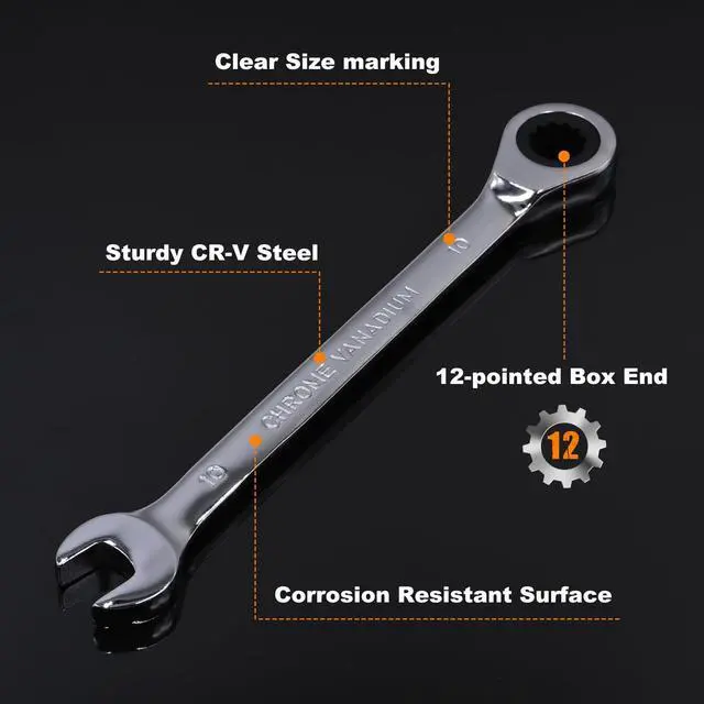 Alt view image 4 of 7 - Ratcheting Wrench Set, 6 mm - 24 mm Metric Wrench Set 18pc, 72 Teeth Combination Wrenches Set, Chrome Vanadium Steel with a Roll Up Storage Bag
