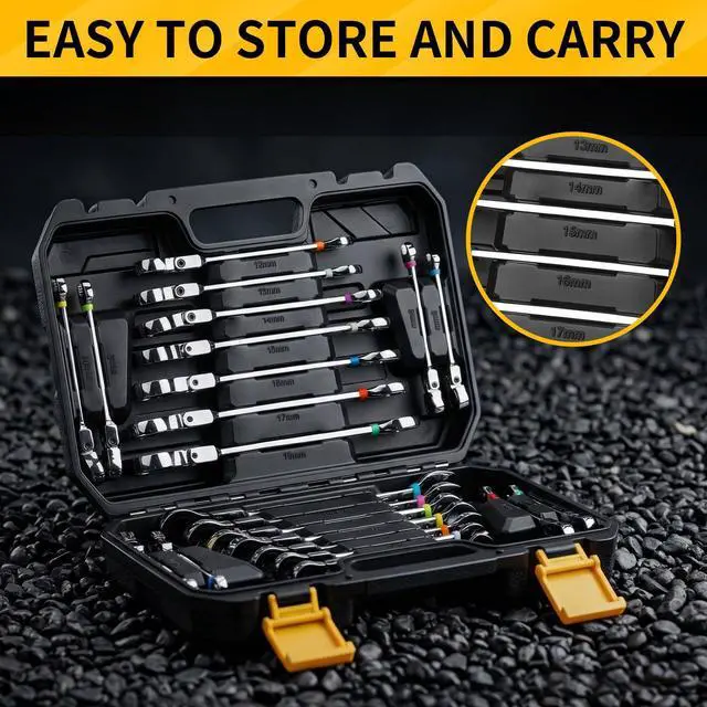 Alt view image 3 of 4 - 23PCS Flex-Head Ratcheting Wrench Set, Combination Ratchet Wrenches Set Metric and Standard & SAE with Organizer Box, 6-18mm & 1/4" to 3/4" with Color Ring, CRV Socket Mechanic Tools Sets