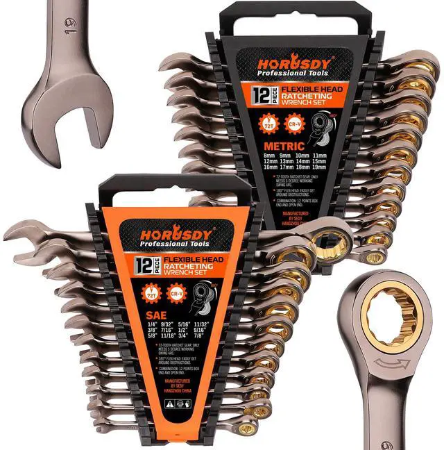 Main image of 24-Piece Ratcheting Wrench Set | Metric and SAE | Ratchet Combination Wrenches Set with Organizer | 72-Teeth | Chrome Vanadium Steel | 8-19 mm & 1/4 to 7/8