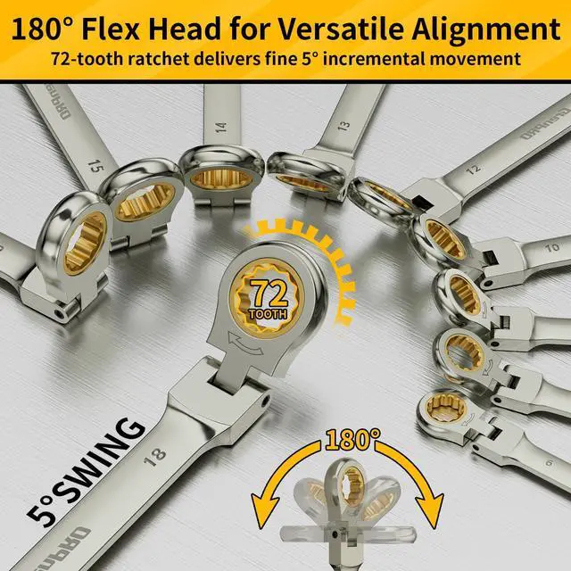 Alt view image 3 of 5 - 23PCS Flex-Head Ratcheting Wrench Set, Combination Ratchet Wrenches Set Metric and Standard & SAE with Organizer Box, 6-18mm & 1/4" to 3/4" with Color Ring, Nickel Plating Socket Mechanic Tool