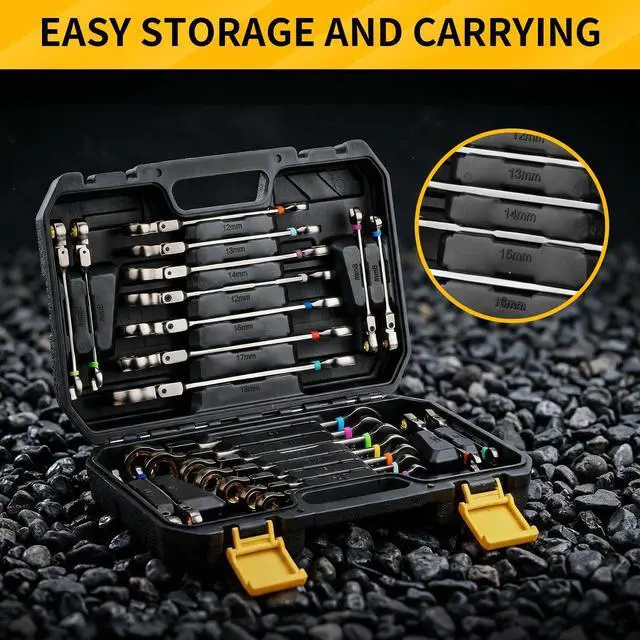 Alt view image 5 of 5 - 23PCS Flex-Head Ratcheting Wrench Set, Combination Ratchet Wrenches Set Metric and Standard & SAE with Organizer Box, 6-18mm & 1/4" to 3/4" with Color Ring, Nickel Plating Socket Mechanic Tool