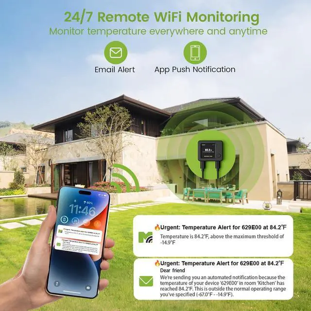 Alt view image 5 of 7 - WiFi Refrigerator Thermometer with Freezer Alarm, Digital Fridge Temperature Sensor, Email & App Alert, 2-Year Data Export, Remote App Monitor for Kitchen, Fish Tank