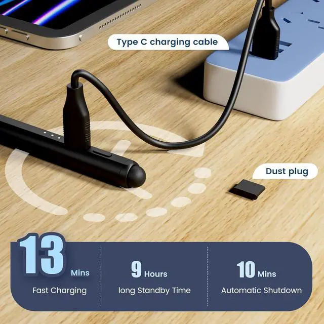 Alt view image 7 of 7 - Stylus Pen for iPad, Dual-Tip 13 mins Fast Charge Pencil for Apple, Palm Rejection, Tilt Sensitivity, Compatible w/iPad 6/7/8/9/10, Pro 11/12.9in/M4, Air 3/4/5/M2, Mini 5/6 - Black
