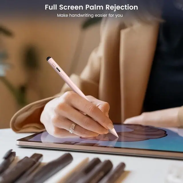 Alt view image 6 of 7 - Stylus Pen for iPad, Dual-Tip 13 mins Fast Charge Pencil for Apple, Palm Rejection, Tilt Sensitivity, Compatible w/iPad 6/7/8/9/10, Pro 11/12.9in/M4, Air 3/4/5/M2, Mini 5/6 - Pink