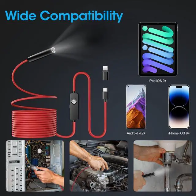 Alt view image 5 of 7 - Endoscope with Light, 1920P HD Borescope with 8 Adjustable LED Lights, Semi-Rigid Snake Camera, IP67 Waterproof Inspection Tool for iPhone & Android - 16.4FT-Single Lens (Red)