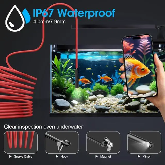 Alt view image 2 of 7 - Endoscope with Light, 1920P HD Borescope with 8 Adjustable LED Lights, Semi-Rigid Snake Camera, IP67 Waterproof Inspection Tool for iPhone & Android - 16.4FT-Single Lens (Red)