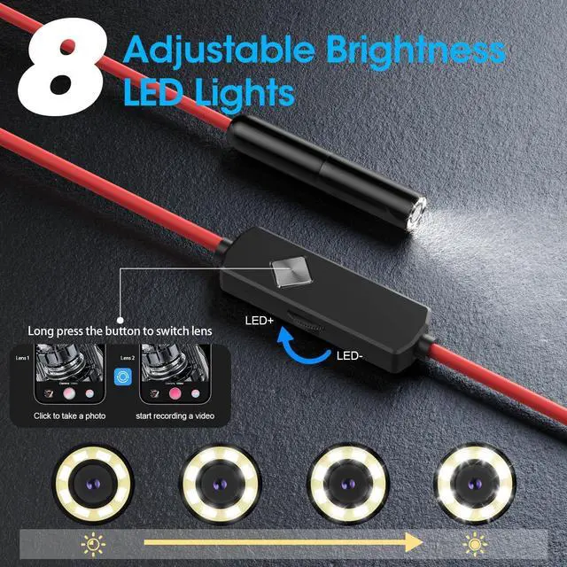 Alt view image 7 of 7 - Endoscope with Light, 1920P HD Borescope with 8 Adjustable LED Lights, Semi-Rigid Snake Camera, IP67 Waterproof Inspection Tool for iPhone & Android - 16.4FT-Single Lens (Red)