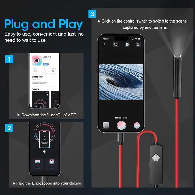 Alt view image 6 of 7 - Endoscope with Light, 1920P HD Borescope with 8 Adjustable LED Lights, Semi-Rigid Snake Camera, IP67 Waterproof Inspection Tool for iPhone & Android - 16.4FT-Single Lens (Red)