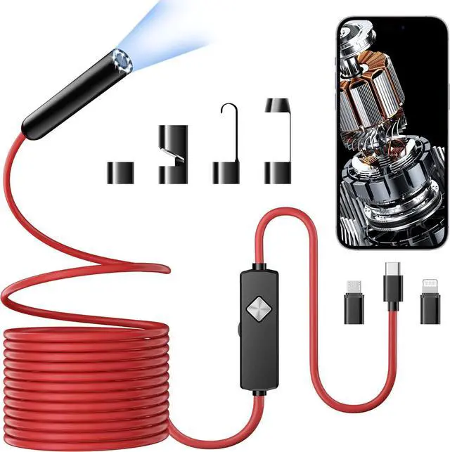 Main image of Endoscope with Light, 1920P HD Borescope with 8 Adjustable LED Lights, Semi-Rigid Snake Camera, IP67 Waterproof Inspection Tool for iPhone & Android - 16.4FT-Single Lens (Red)