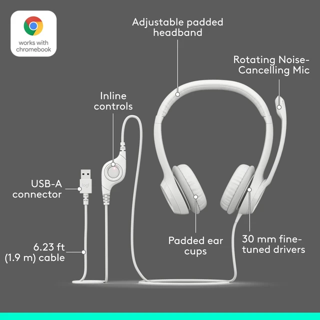 Alt view image 6 of 7 - H390 Wired Headset PC/Laptop Stereo Headphones, USB-A, Off-White | Stereo Headphones for PC/Laptop, USB-A, In-Line Controls, Works with Chromebook