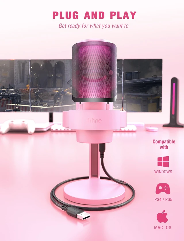 Alt view image 6 of 7 - A8 Pink Gaming USB Microphone, Condenser Desktop Mic for PC PS4/5 Quick Mute, Gain Knob, 3.5mm Headphone Jack, Pop Filter, Shock Mount, for Streaming Home use YouTube Discord Twitch Podcasts