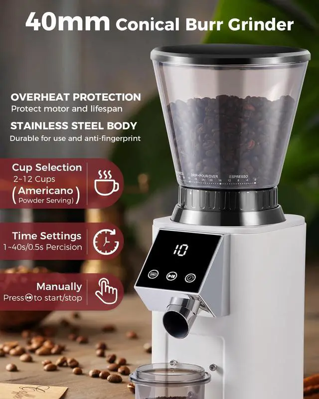 Alt view image 2 of 7 - G1 Conical Burr Coffee Grinder, 48 Grind Settings, Ivory | Stainless Steel Anti-static Burr Mill, Precision Electric Timer and LED Touchscreen for Espresso/Drip/Cold Brew/French Press