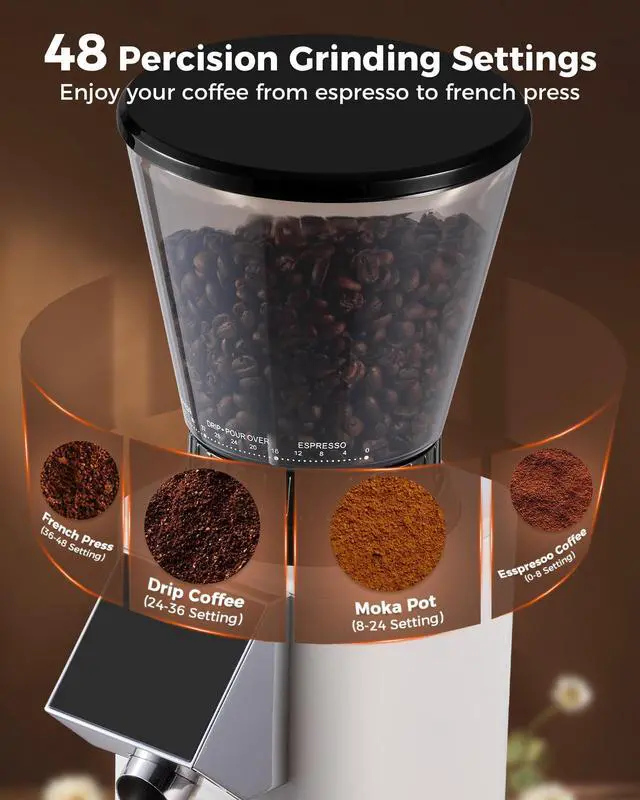 Alt view image 3 of 7 - G1 Conical Burr Coffee Grinder, 48 Grind Settings, Ivory | Stainless Steel Anti-static Burr Mill, Precision Electric Timer and LED Touchscreen for Espresso/Drip/Cold Brew/French Press