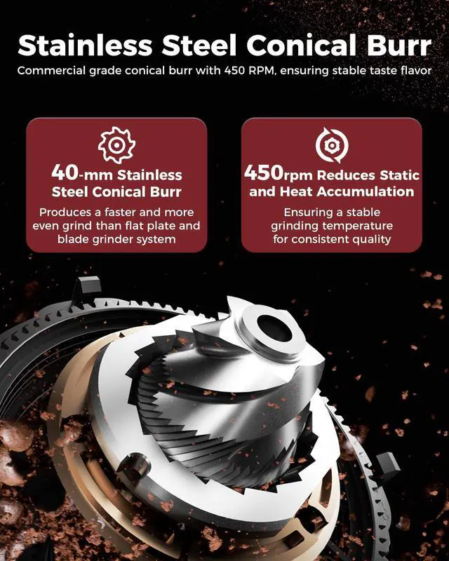 Alt view image 4 of 7 - G1 Conical Burr Coffee Grinder, 48 Grind Settings, Ivory | Stainless Steel Anti-static Burr Mill, Precision Electric Timer and LED Touchscreen for Espresso/Drip/Cold Brew/French Press