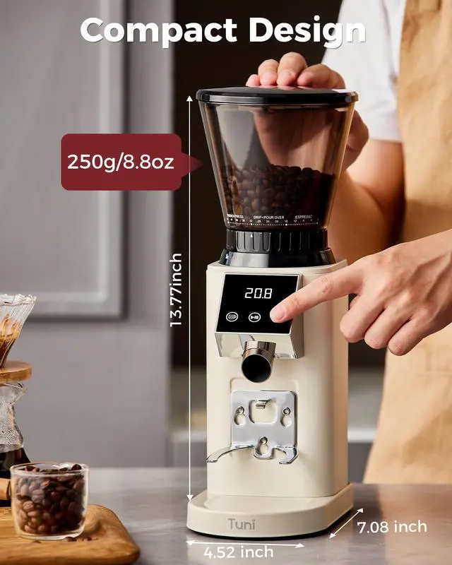 Alt view image 7 of 7 - G1 Conical Burr Coffee Grinder, 48 Grind Settings, Ivory | Stainless Steel Anti-static Burr Mill, Precision Electric Timer and LED Touchscreen for Espresso/Drip/Cold Brew/French Press
