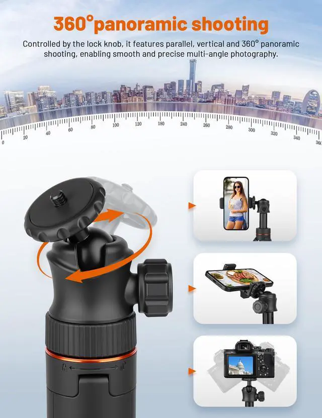 Alt view image 2 of 7 - Tripod for iPhone & Camera, 64" Selfie Stick with 360° Ball Head Remote & Phone Holder, Extendable Portable Phone Tripod Stand for Travel Vlog Compatible with Canon Sony DLSR DJI