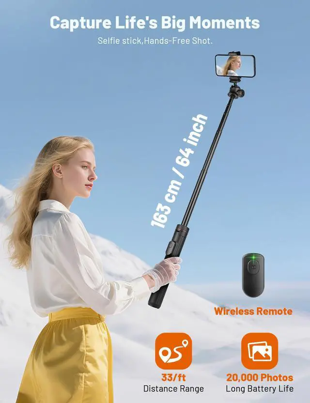 Alt view image 4 of 7 - Tripod for iPhone & Camera, 64" Selfie Stick with 360° Ball Head Remote & Phone Holder, Extendable Portable Phone Tripod Stand for Travel Vlog Compatible with Canon Sony DLSR DJI