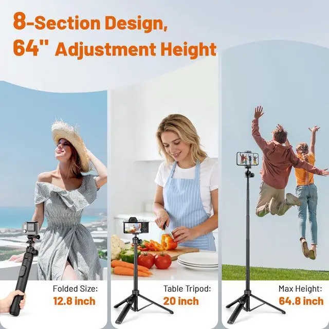 Alt view image 5 of 7 - Tripod for iPhone & Camera, 64" Selfie Stick with 360° Ball Head Remote & Phone Holder, Extendable Portable Phone Tripod Stand for Travel Vlog Compatible with Canon Sony DLSR DJI
