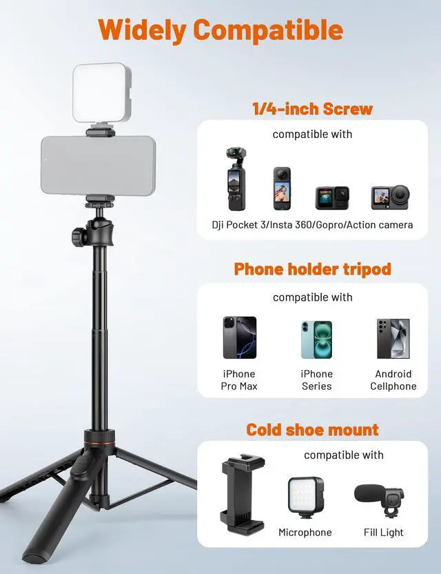 Alt view image 6 of 7 - Tripod for iPhone & Camera, 64" Selfie Stick with 360° Ball Head Remote & Phone Holder, Extendable Portable Phone Tripod Stand for Travel Vlog Compatible with Canon Sony DLSR DJI