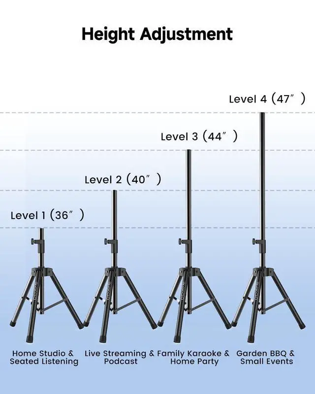 Alt view image 5 of 7 - Speaker Stand Adjustable Height 36"-47", Heavy Duty Carbon Steel Karaoke Machine Stands with Dual Tension Knobs, Portable Tripod Speaker Mount for PA DJ System & Party, 35mm Insert, 66lbs Load