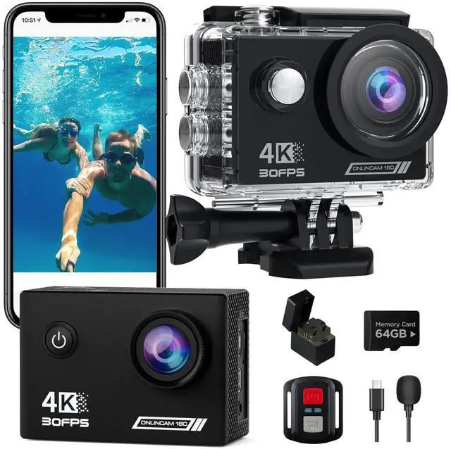 Main image of Action Camera 4K30fps with 64G SD Card,HD Waterproof Camera 131ft Underwater Cameras 20MP Pre-recording WiFi Camera 170° Remote Control Sports Cameras with 2 Batteries Helmet Mount Accessories Kits